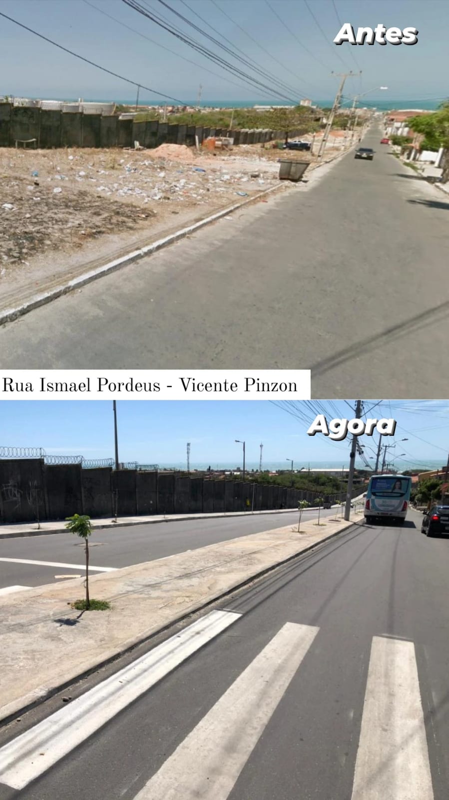 uma foto montagem com o antes depois da via reformada. Antes, o asfalto estava em péssimo estado e não havia sinalização. Na segunda foto da montagem, é possível ver uma faixa de pedestres pintada no chão e asfalto e calçadas novas